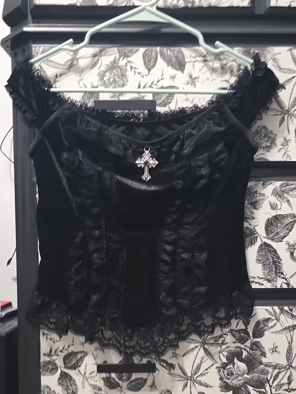 Amazon Black Velvet Lace Camisole with Cross Charm